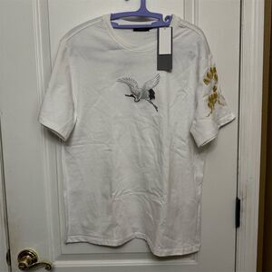 Truth Men's XL White Crane Embroidered Graphic T-Shirt Short Sleeve